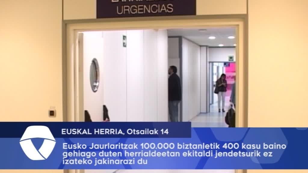 Eusko Jaurlaritzak 100.000 biztanletik 400 kasu baino gehiago duten herrialdeetan ekitaldi jenetsurik ez izateko jakinarazi du