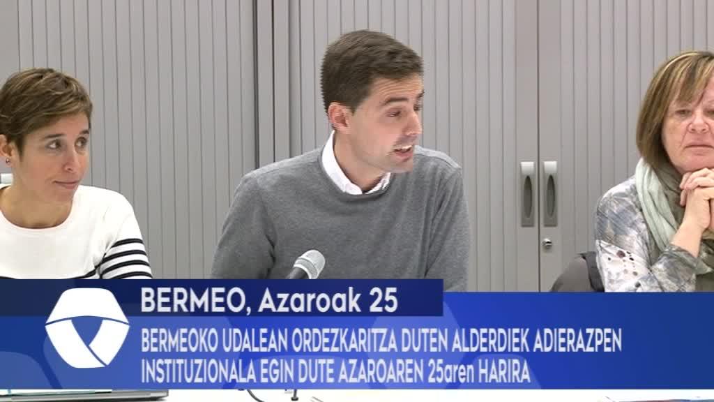 Bermeoko Udalean ordezkaritza duten alderdiek adierazpen instituzionala egin dute azaroaren 25aren harira