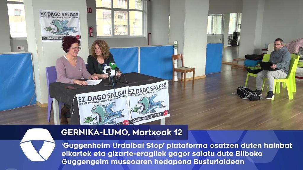 ‘Guggenheim Urdaibai Stop’ plataforma osatzen duten hainbat elkartek eta gizarte-eragilek gogor salatu dute Bilboko Guggenheim museoaren hedapena Busturialdean