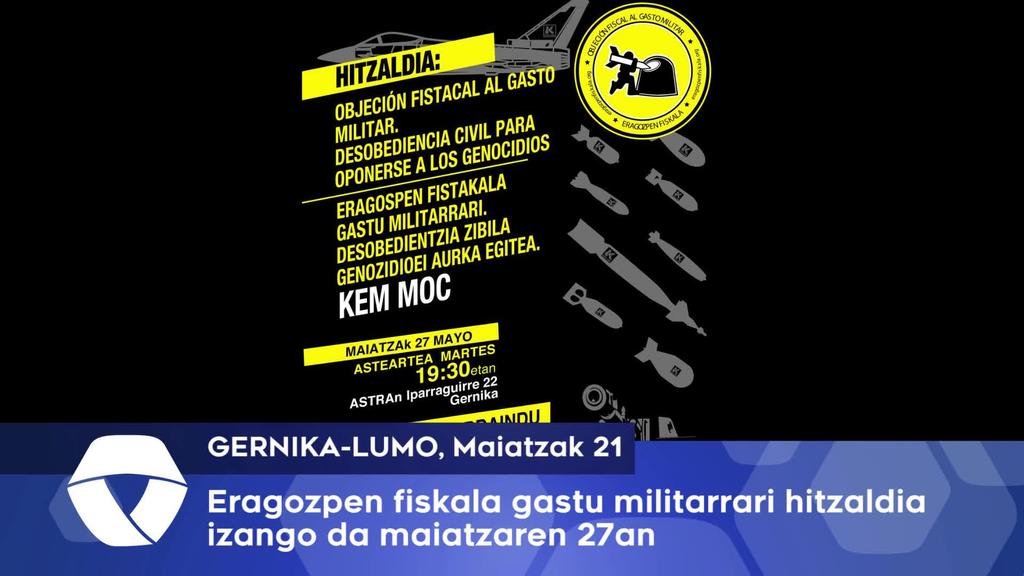 Eragozpen fiskala gastu militarrari hitzaldia izango da maiatzaren 27an